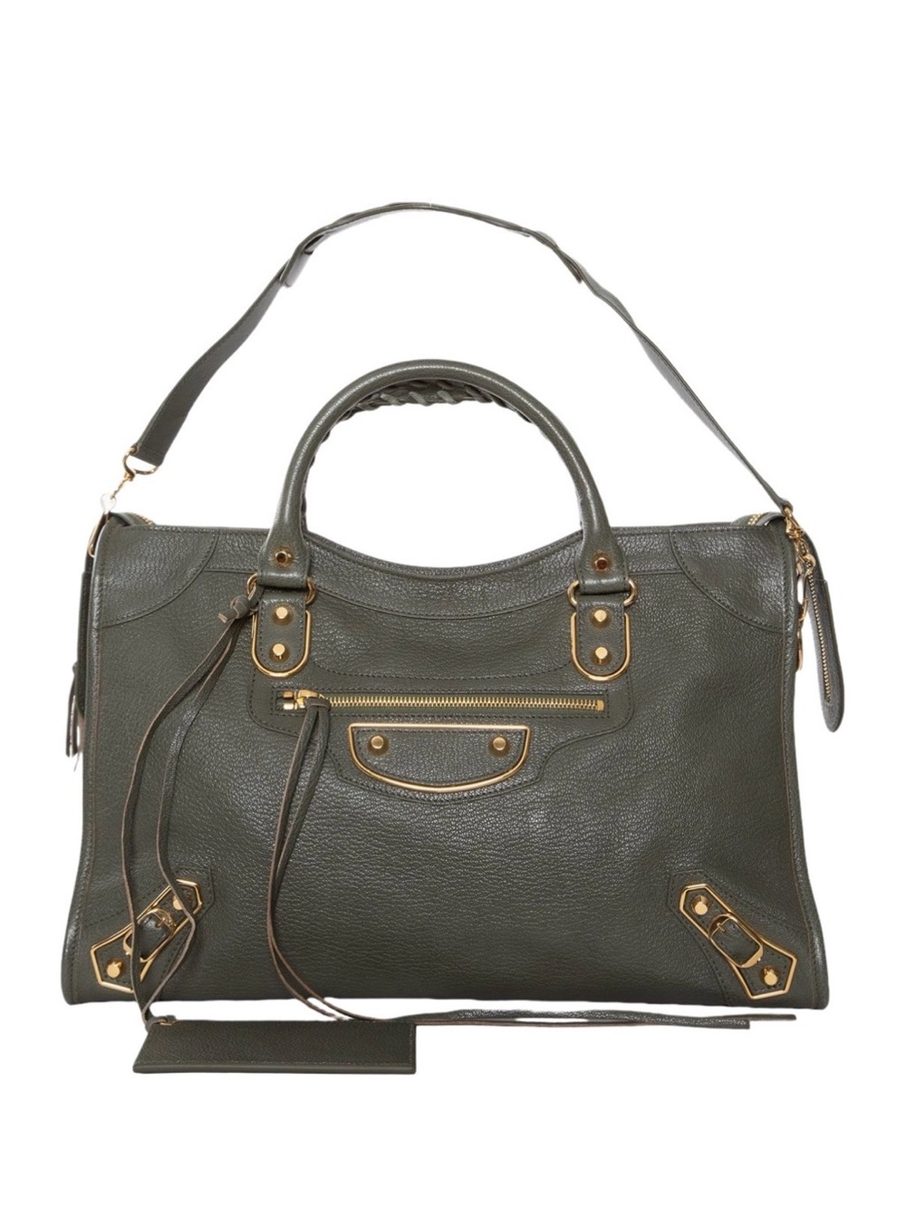 Balenciaga Olive Green Leather Shoulder Bag with Braided Handle